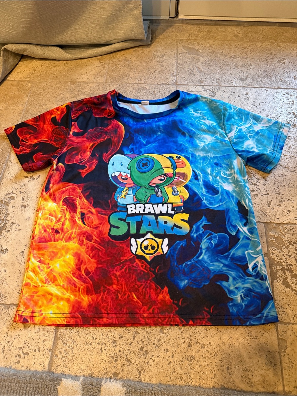 Kids Brawl Stars Leon Short Sleeve Tee - Red & Blue Fire Design